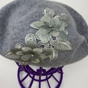 August Hat Co Womens Beret Gray Wool Blend With Silver Flower Appliqué One Side